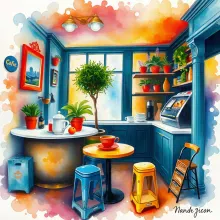 Vibrant Watercolor Coffee Shop with Surreal Elements

Or alternatively:
Surreal Vibrant Watercolor Coffee Shop