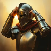 Golden Knight Unveiling, Under Sunlight Glow

This title encapsulates the essence of the painting, focusing on the knight's action and the golden sunlight, while also hinting at the Renaissance style through the use of the word "Golden".