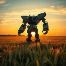 Giant Robot in Sunset Wheat Field (Drone View)