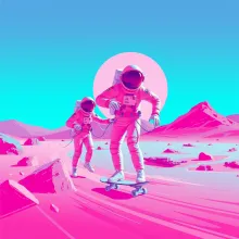 Retro Astronaut Skaters on Martian Neon Lands