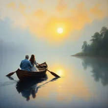 Misty Dawn Romantic Boat Ride

This title captures the essence of the romantic and serene scene depicted in the AI art, while being concise and easy to understand.