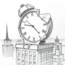 Melting Clock on Skyline - Surrealist Sketch