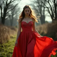 Abandoned Castle Corridor - Young Woman in Long Red Gown with Dramatic Shadows
(Style: Gothic Realism, Cinematic)