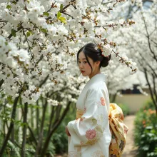 Woman in White Kimono Among Cherry Blossoms, Soft Breeze Wafts Through Garden. Japanese Ukiyo-e and Photography Style.