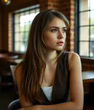 Introspective Woman in Brick-wall Cafe
