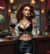 Brunette in Leather Dress, Sipping Red Wine