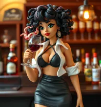 Curly-Haired Slim Lady in Bar with Red Wine and Lingerie