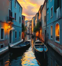 Canalscape with Curved Buildings - Oil Painting by Multiple Artists