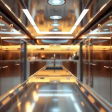 Futuristic Metallic Kitchen Bokeh Reflections

Or alternatively, if a shorter version is desired:
Futuristic Metallic Bokeh Kitchen