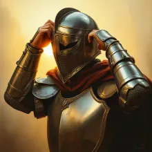 Golden Knight Unveiling, Under Sunlight Glow

This title encapsulates the essence of the painting, focusing on the knight's action and the golden sunlight, while also hinting at the Renaissance style through the use of the word "Golden".