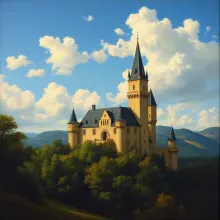Medieval Castle in Forest: Renaissance Oil Painting