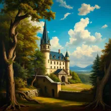 Medieval Castle in Forest Forestscape

Or alternatively: Rococo Medieval Blue Sky Castle

These titles aim to describe the main elements of your AI art while keeping them concise and informative.