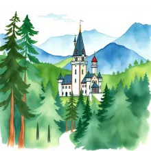 Minimal Watercolor Medieval Castle in Forest