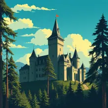 Medieval Castle in Forest: Art Deco Sketch