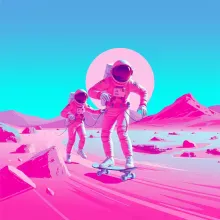 Retro Astronaut Skaters on Martian Neon Lands