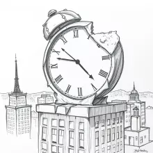 Melting Clock on Skyline - Surrealist Sketch