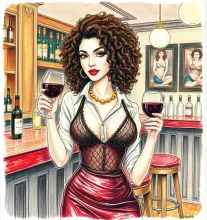 Brunette Bar Patron with Leather Dress and Red Wine