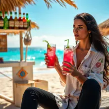 Monica Bellucci on a Turquoise Shore, Sipping Pink Mojito