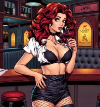 Brunette Bombshell in Leather Dress, Sipping Wine