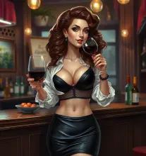Brunette in Leather Dress, Sipping Red Wine
