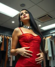 Dramatic Red-Orange Vixen in Backstage Glamour