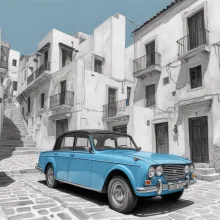 The image depicts an old-fashioned blue Volkswagen Beetle parked on the side of a cobblestone street in a European village. The car is positioned slightly off-center to the left and is facing towards the right side of the frame. It has white license plate