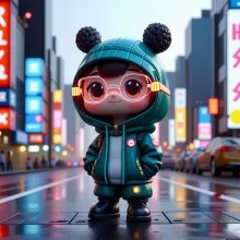 This is a digital artwork of an anime-style character standing in the center of a city street at night. The character is wearing a green hoodie with a hood and large black ear headphones that resemble a rabbit's ears. The character also has a small backpa