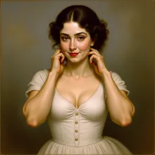 The image portrays a woman in a white dress with her hand on her chin, exuding an air of contemplation or elegance. She has dark hair, fair skin, and is wearing makeup that accentuates her eyes and lips. The art style appears to be realistic, with attenti