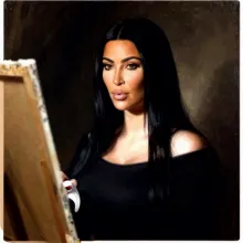 The image appears to be a digital manipulation or an artistic representation rather than a photograph of an actual painting session. It features a woman sitting at an easel with brushes and a canvas, seemingly engaged in the act of painting. The art style