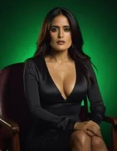 The image features a woman seated in a chair against a green background with red light illuminating her face from the right side. She is wearing a black dress and has long dark hair, looking directly at the camera. Her arms are crossed on her lap. The AI 