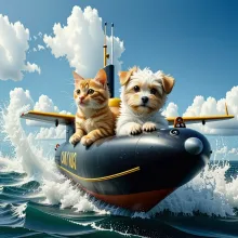 In the center of the image, there is a stylized illustration of an airplane with two cats sitting on its nose, one cat looking to the left and the other to the right. The plane appears to be in flight, as indicated by the presence of clouds and a few whit