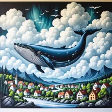 The image depicts a whimsical scene with a large blue whale in flight above a small town nestled by a body of water. The whale is adorned with a white spot on its forehead and has a red circle inside it. Below the whale, there are several houses and build
