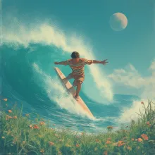 Retro-Futuristic Surreal Wave Ride: Grainy Modernism