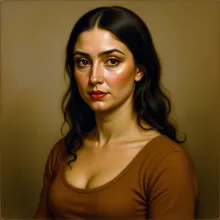 The image is a digital art piece portraying a woman with long dark hair wearing a brown top. She has a neutral expression and is looking slightly to the left of the viewer. Her skin tone is light, her makeup includes darkened eye shadows and lip color, an