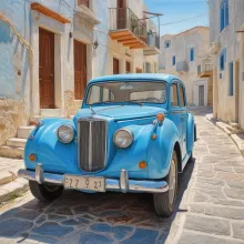 The image presents a tranquil scene in a cobblestone street lined with whitewashed buildings and stone archways. Dominating the center of the frame is an old-fashioned blue car, parked neatly between two buildings. The art style leans towards realism, cap
