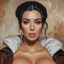 The image presents an AI-generated illustration of a woman in an artistic style reminiscent of classical portrait paintings. She is depicted with long dark hair and striking blue eyes. The woman is wearing a sleeveless top that has a plunging neckline, ac