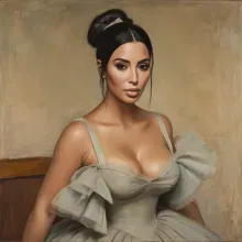 The image portrays a woman with dark hair, styled in an updo, wearing a white and green off-shoulder dress with a large puffy sleeve on one shoulder. She has a confident expression, looking directly at the viewer. The art style is realistic with a touch o