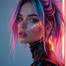 The image is a striking portrait of an individual with dyed hair that resembles a blend of blue and pink hues. Their eyes are accentuated by vibrant purple and orange accents, giving them a futuristic or alien appearance. The person's makeup includes dram