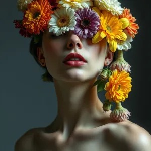 Title: "Floral-Faced Mushroom Beauty: A Surrealist Masterpiece in Gray