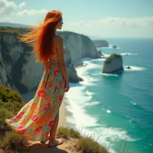 Art Nouveau Woman Overlooking Ocean Cliff