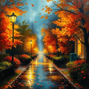 Autumn Evening: Leonid Afremov-inspired Scene with Illuminated Wet Path