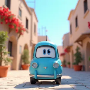 3D Adorable Character in Vibrant Old Greek Town with Light Blue Triumph Mayflower