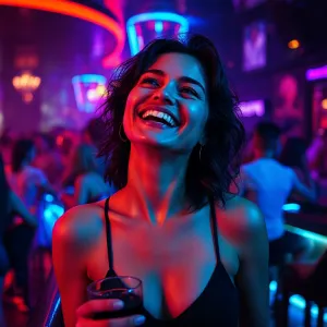 Exuberant Woman in Neon Nightclub