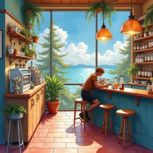 Vibrant Surreal Coffee Shop Watercolor