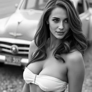 Title: "Vintage Allure: Confident Glamour on the Roadside