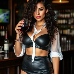 Leather-Clad Brunette Sipping Red Wine
