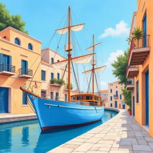 Vibrant Greek Scene: Light Blue Triumph Mayflower
