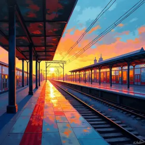 Vibrant Cubist Backlit Train Station