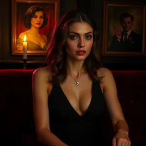 A woman in a black dress with a deep neckline is seated on a red velvet couch in a dimly lit room, accompanied by a framed photo of a couple on the wall behind her and a lit candle adding to the intimate atmosphere.