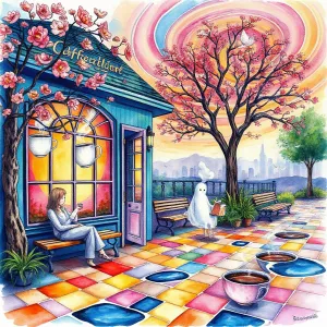 Whimsical Coffee Shop in Dreamscape Watercolor